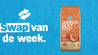 Zak AH Zilvervliesrijst volkorenrijst op blauwe achtergrond met tekst 'Swap van de week'