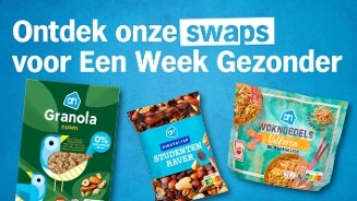 Promotie van Albert Heijn producten voor een gezondere week met Granola noten, Ongeroosterde Studenten haver en Volkoren Woknoedels.