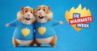 Twee hamsters in blauwe truien met een geel hart, naast het logo van 'De Warmste Week' op een blauwe achtergrond