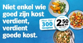 Promotieafbeelding van Albert Heijn met drie borden gerechten en de tekst 'Niet enkel wie goed zijn kost verdient, verdient goede kost', informatie over meer dan 300 recepten en een prijsindicatie van 2,50 euro per persoon.