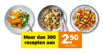 Drie borden met gevarieerde maaltijden en een promotie met tekst 'Meer dan 300 recepten aan 2,50 o.b.v. 4 pers.'