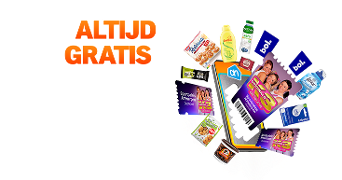 Krasactie bij Albert Heijn: ontvang altijd een gratis product bij besteding van €15, afgebeeld met diverse prijskaartjes en producten zoals bol.com cadeaukaarten, Activia drinkyoghurt, Radler en Lay's chips.