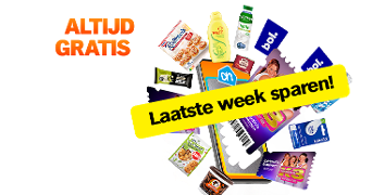 Promotie-afbeelding met diverse producten en cadeaukaarten van Albert Heijn met de tekst 'Altijd gratis' en 'Laatste week sparen!'