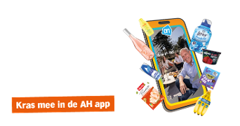 Afbeelding van een smartphone met het Albert Heijn logo, waarop een gezelschap buiten zit. Rondom de telefoon zijn verschillende producten te zien, zoals Lenor wasmiddel, Alpro plantaardige yoghurt, Davy koekjes, bananen, Maggi saus en een fles drank. Daarnaast staat de tekst "Kras mee in de AH app" in een oranje kader.