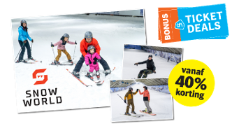 Bonusticketaanbieding voor SnowWorld met 40% korting op familieski's en snowboardactiviteiten.
