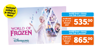 Afbeelding van een promotie voor "World of Frozen" in Disneyland Paris, met verblijfsprijzen voor 2 of 4 personen inclusief ontbijt in een Disney-hotel, aankomst op 8, 10 of 11 februari 2027. Op de achtergrond staat Elsa uit Frozen centraal.