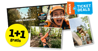 AH Ticketdeals promotie voor Adventure Valley Durbuy met 1+1 gratis aanbieding en avontuurlijke activiteiten zoals klimmen en dinosaurusattracties.