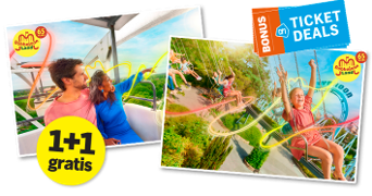 Promotie-afbeelding van AH Ticket Deals met 1+1 gratis actie voor Bobbejaanland tickets, met spelende kinderen in attracties.