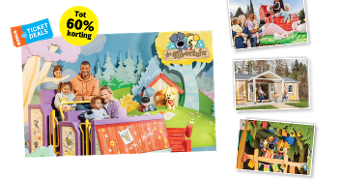 Gezin met kinderen geniet van een rit in de attractie bij De Tovertuin, met daarnaast sfeerbeelden van het park, figuren en huisjes. Ticketdeals met tot 60% korting.