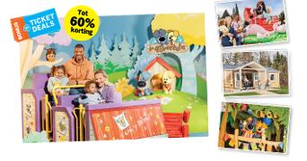 Gezellige collage met gezinnen die genieten van attracties en activiteiten in De Tovertuin, met o.a. een kleurrijke rit, vrolijke figuren en een vakantiewoning. Bonusactie voor ticket deals met tot 60% korting zichtbaar.