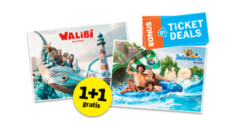 Bonus Ticket Deal promotie voor Walibi Belgium en Bellewaerde Aquapark, inclusief 1+1 gratis aanbieding.