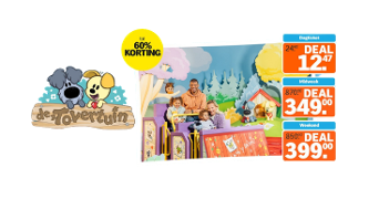Afbeelding van een De Tovertuin-actie met tot 60% korting bij Albert Heijn, inclusief lachende kinderen en volwassenen in een kleurrijke Tovertuin-attractie en deals voor dagtickets en verblijven in het weekend of doordeweeks.