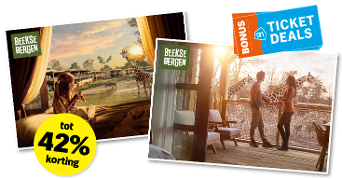 Promotie van Beekse Bergen met AH Bonus Ticket Deals, twee foto's van bezoekers die giraffen bekijken vanuit hun accommodatie, inclusief tot 42% korting
