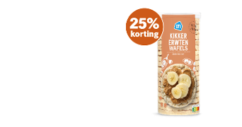 Kikkererwtenwafels van Albert Heijn met 25% korting, verpakt in een cilindervormige verpakking met een afbeelding van wafels met banaan en pindakaas.