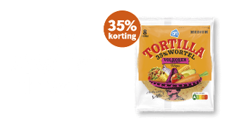 Swap van de Week in witte tekst met een 35% korting bol en de AH 35% tortilla wortel volkoren wraps