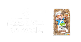 Afbeelding van 'Swap van de week' promotie met een verpakking AH Biologisch Hamster Pasta volkoren.