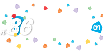 Feestelijke banner met tekst 'Albert Heijn in Brugge' nummer 86 en Albert Heijn logo, omringd door kleurrijke confetti