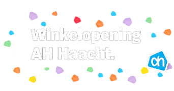 Winkelopening van Albert Heijn in Haacht met kleurrijke confetti en het AH-logo.