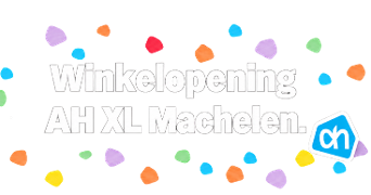 Confetti met de tekst `winkelopening AH XL Machelen`en het AH logo rechtsonder