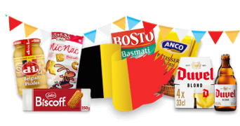 Verschillende Belgische producten, waaronder Duvel bier, Lotus Biscoff koekjes, Bosto basmatirijst, Anco patisseriebloem, Mic Mac biscuits en Belgische pickles, afgebeeld voor een Belgische vlag en feestelijke vlaggetjes.