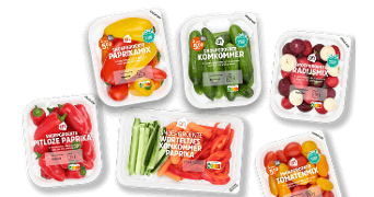 Assortiment van Albert Heijn snoepgroenten voor in de brooddoos, inclusief paprikamix, komkommer, radijsmix, pitloze paprika, worteltjes komkommer paprika, en tomatenmix.