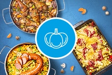 Verschillende gerechten: ovenschotel met witlof en spek, stoofschotel met kipdijbeen en groenten, en boerenkoolstamppot met rookworst.