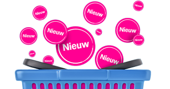 Roze cirkels met het woord "Nieuw" komen uit een blauwe winkelmand.