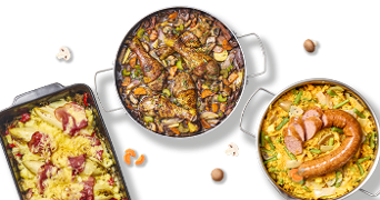 Drie verschillende ovenschotels: witlof met ham, gemarineerde kippenpoten met groenten en stamppot met worst.