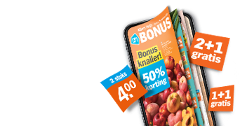 Albert Heijn Bonus folder geopend op een smartphone, met aanbiedingen zoals "50% korting", "2+1 gratis", "1+1 gratis" en "2 stuks 4,00", en een afbeelding van perziken op de cover.