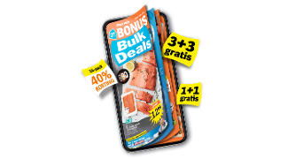Afbeelding van een Albert Heijn BONUS-folder met Bulk Deals, waarop aanbiedingen staan zoals 3+3 gratis, 1+1 gratis en 40% korting op een 16-pack BBQ zalmfilet.