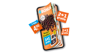 Albert Heijn Bonusfolder met aanbiedingen zoals 1+1 gratis, 2+1 gratis en 2 stuks voor 4 euro, afgebeeld op een smartphone.