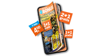 AH Bonusfolder met aanbiedingen, waaronder acties zoals '1+1 gratis', '2+1 gratis' en '2 stuks voor 4 euro'.