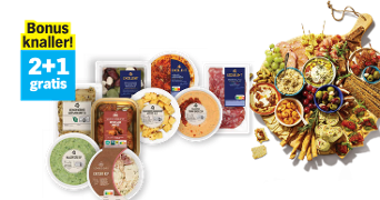 Voordeelaanbieding Bonusknaller 2+1 gratis op diverse borrelhapjes en dips van Albert Heijn, naast een rijk gevulde borrelplank met onder andere kaas, vleeswaren, dips, groente en brood.