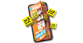 Stapel Albert Heijn bonusfolders op een mobiel scherm met aanbiedingen zoals "2+3 gratis", "1+2 gratis" en "1+1 gratis" tijdens de Giga Gratis Week.