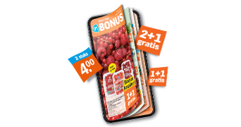 Albert Heijn BONUS folder op een smartphone, met aanbiedingen zoals 2+1 gratis, 1+1 gratis en 2 stuks voor 4 euro.