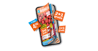 Digitale Albert Heijn Bonusfolder met aanbiedingen, waaronder aardbeien, 1+1 gratis en 2+1 gratis acties, weergegeven op een smartphone.