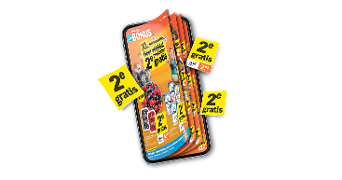 Digitale Albert Heijn Bonusfolder met opvallende gele stickers waarop "2e gratis" staat, verwijzend naar een aanbieding waarbij het tweede product gratis is.