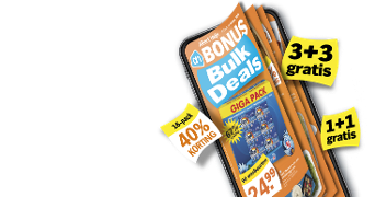 Afbeelding van een Albert Heijn BONUS-folder met Bulk Deals, waarop aanbiedingen staan zoals 3+3 gratis, 1+1 gratis en 40% korting op een 16-pack Dash wasmiddel