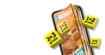 Albert Heijn BONUS folder op een smartphone met opvallende acties zoals 1+2 gratis, 2+3 gratis en 1+1 gratis op broodproducten.