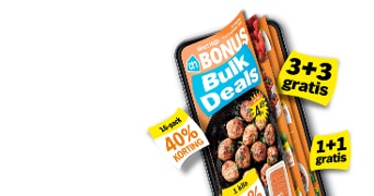 Albert Heijn Bonus Bulk Deals folder op een mobiel scherm met aanbiedingen als 40% korting, 3+3 gratis en 1+1 gratis.