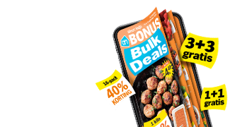 Albert Heijn BONUS Bulk Deals promotie met aanbiedingen zoals 3+3 gratis, 1+1 gratis en 40% korting, afgebeeld op een smartphone met producten zoals gehaktballetjes.