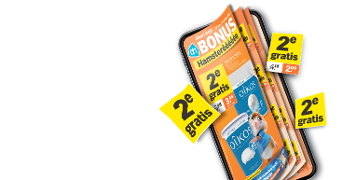 AH oranje folder met op de voorkant Oikos yoghurt en Hamster. Errond vliegen 2e Gratis banners