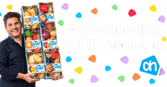 Winkelopening bij Albert Heijn Machelen met feestelijke confetti op transparante achtergrond.