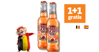 Twee flessen Desperados Strawberry Margarita bier naast een hamstermascotte in Belgische vlag, met een 1+1 gratis actie en verwijzing naar de wedstrijd België - Spanje.