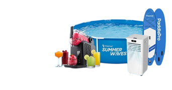 Zomeractie met verschillende zomerse producten, waaronder een opzetzwembad van Polygroup, een PaddlePro paddleboard, een airconditioner en kleurrijke zomerdrankjes, met de tekst "Ontdek een wereld vol zomer deals".