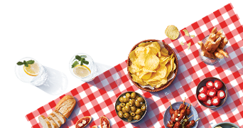 Picknicktafel met rood-wit geruit tafelkleed, gevuld met verschillende snacks waaronder chips, groene olijven, brood met beleg, gevulde paprika’s, kipspiesjes, pretzelstokken en twee glazen frisdrank met citroen en munt.