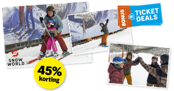 BONUS Ticket Deals promotie van Albert Heijn voor SnowWorld met 45% korting, met afbeeldingen van mensen die skiën en samen plezier hebben op de piste
