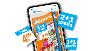 Smartphone met op het scherm een digitale Albert Heijn Bonusfolder en diverse kortingsacties zoals 1+1 gratis, 2+1 gratis en 2 stuks voor 4 euro.