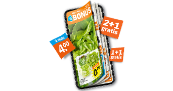 Smartphone met Albert Heijn Bonusfolder en aanbiedingen zoals 2 voor 4 euro, 2+1 gratis en 1+1 gratis op verschillende producten