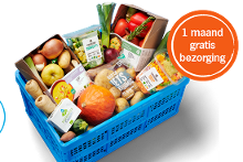 Bezorgbundel met diverse verse groenten en fruit, inclusief promotie voor 1 maand gratis bezorging.